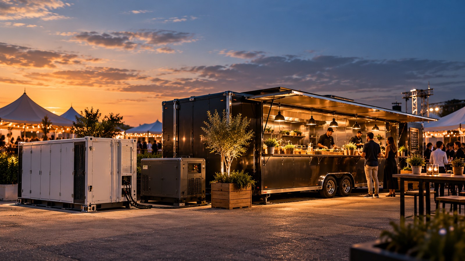 Temporary festival food-truck site with battery storage and backup generation