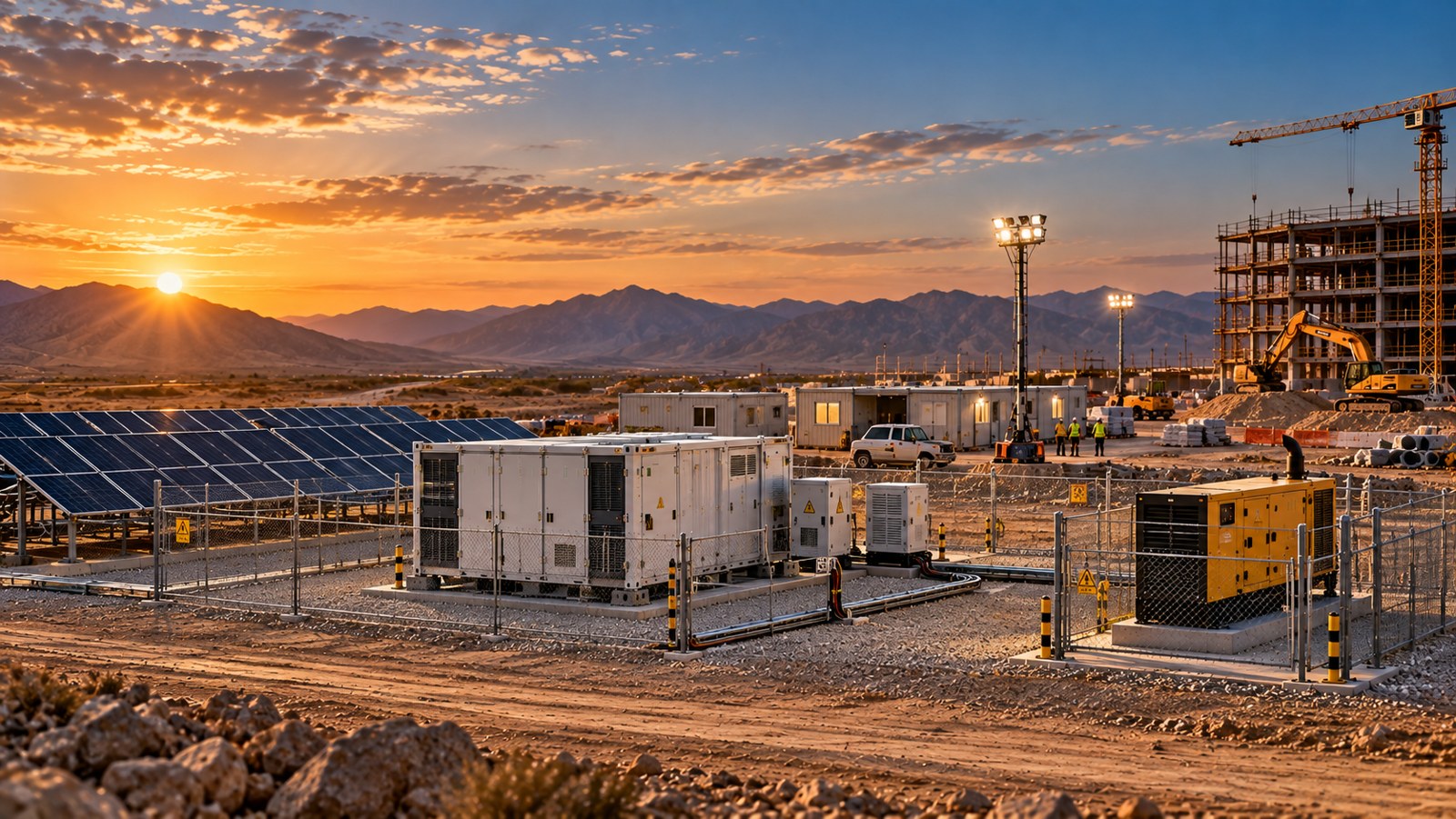 Remote construction site powered by solar panels, battery storage and backup generation