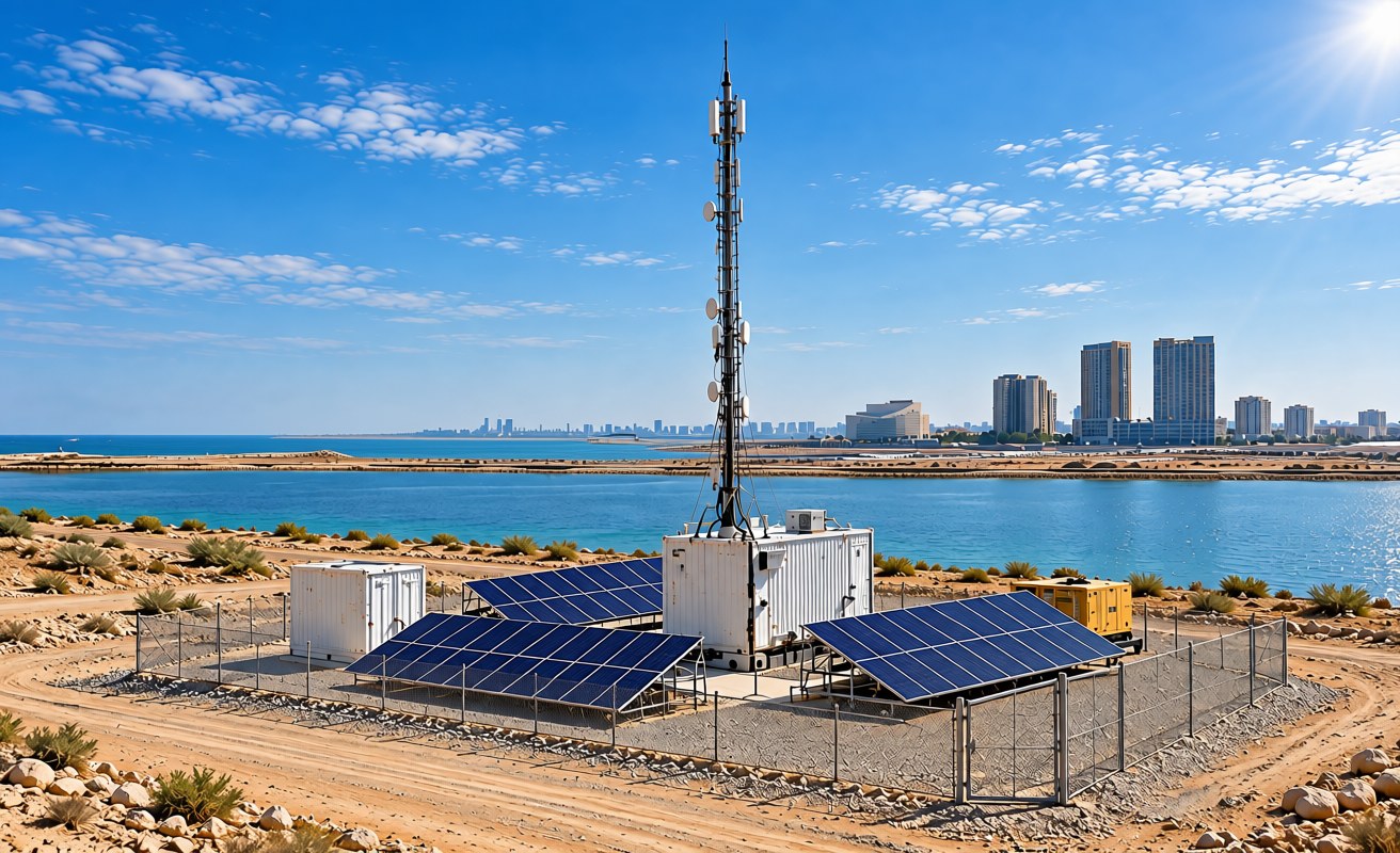 Telecommunications tower with solar panels, battery storage and backup generation