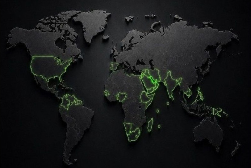 World map with Grid Green Global's operating regions outlined in green